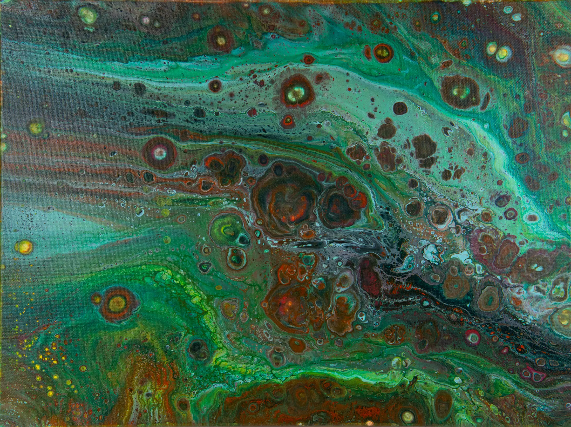 A dark fluid abstract painting with black, rust, white, and gold currents