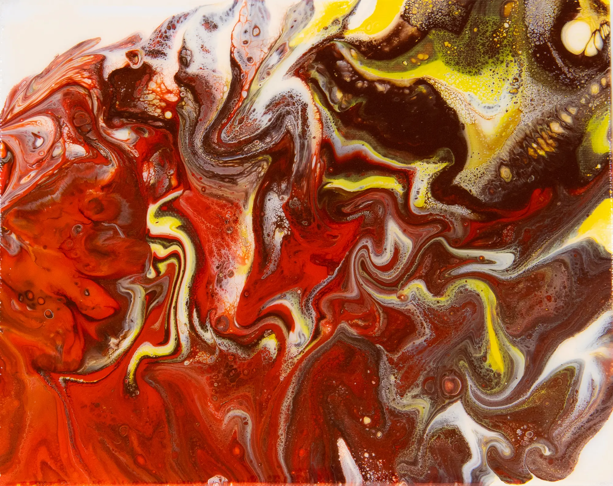 A fluid abstract painting in red, black, white, and gold