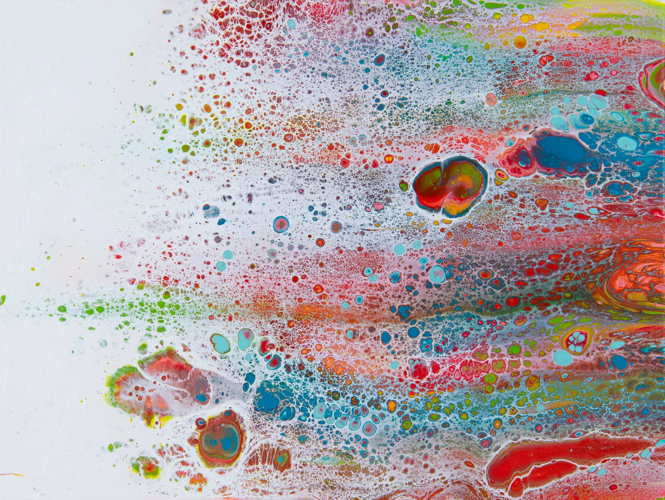 A pale fluid abstract painting with blue, gold, coral, and white currents
