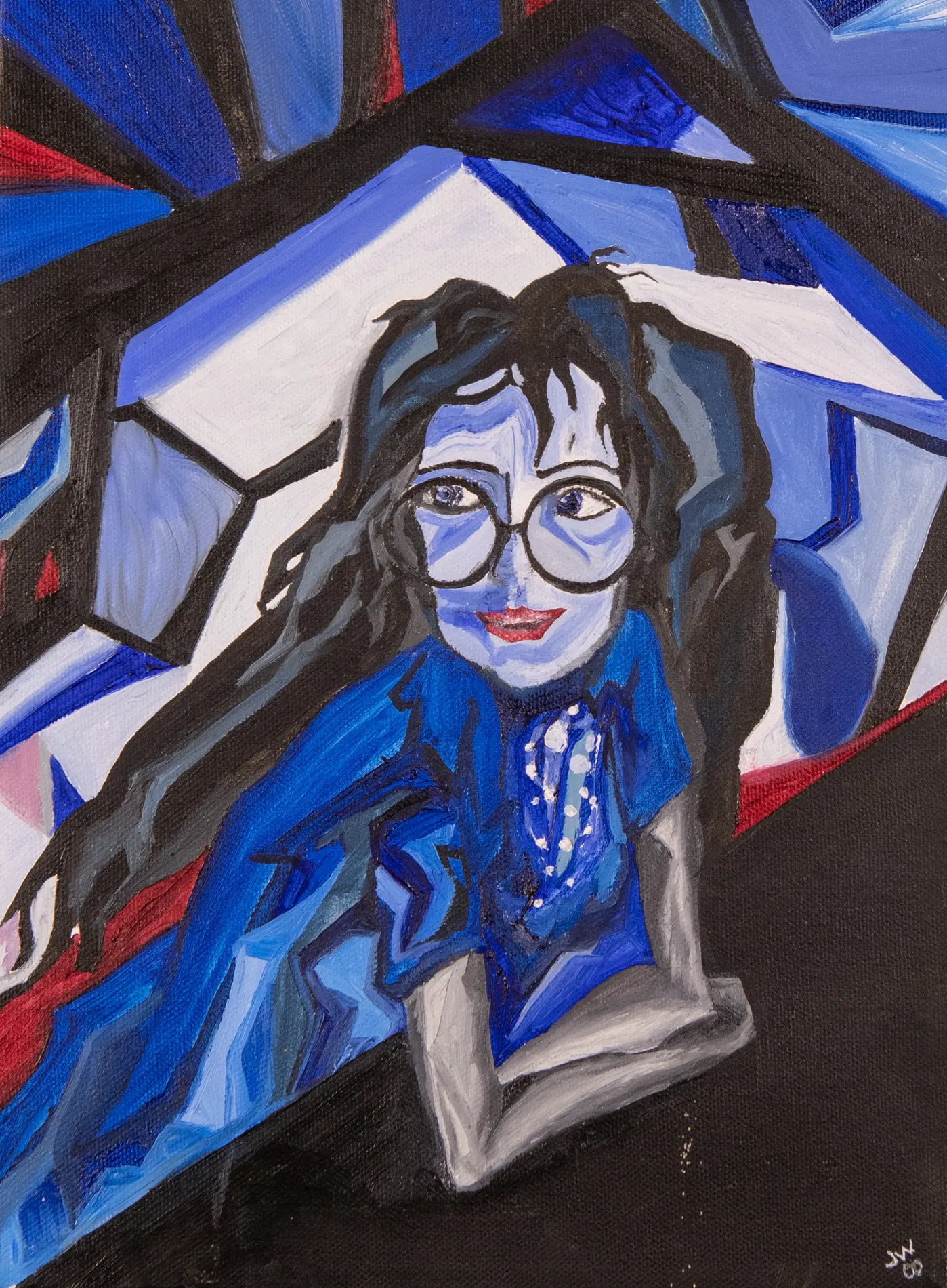 A stylized portrait of a woman in blue beneath angular branches