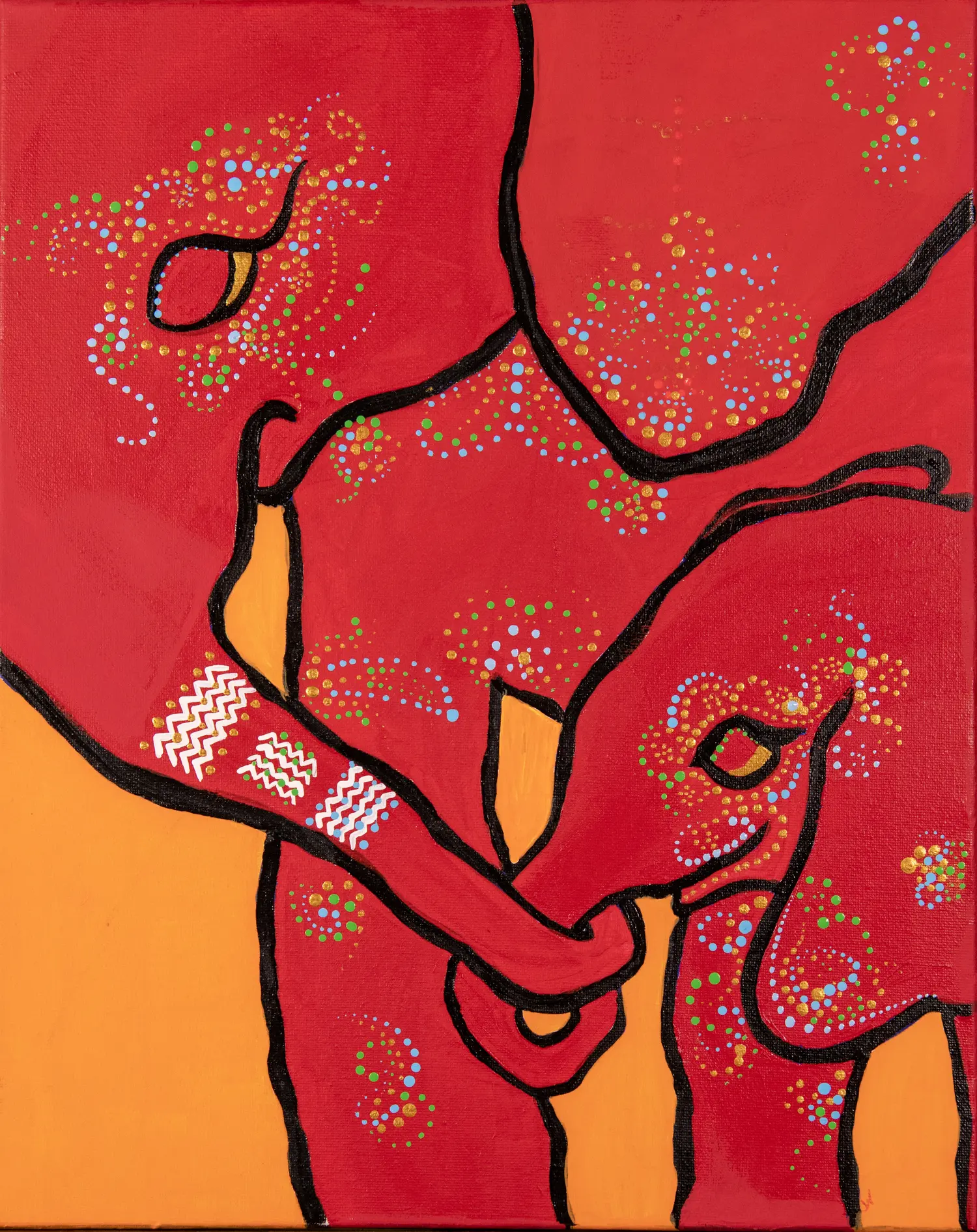 Two stylized elephants facing one another against a coral red field