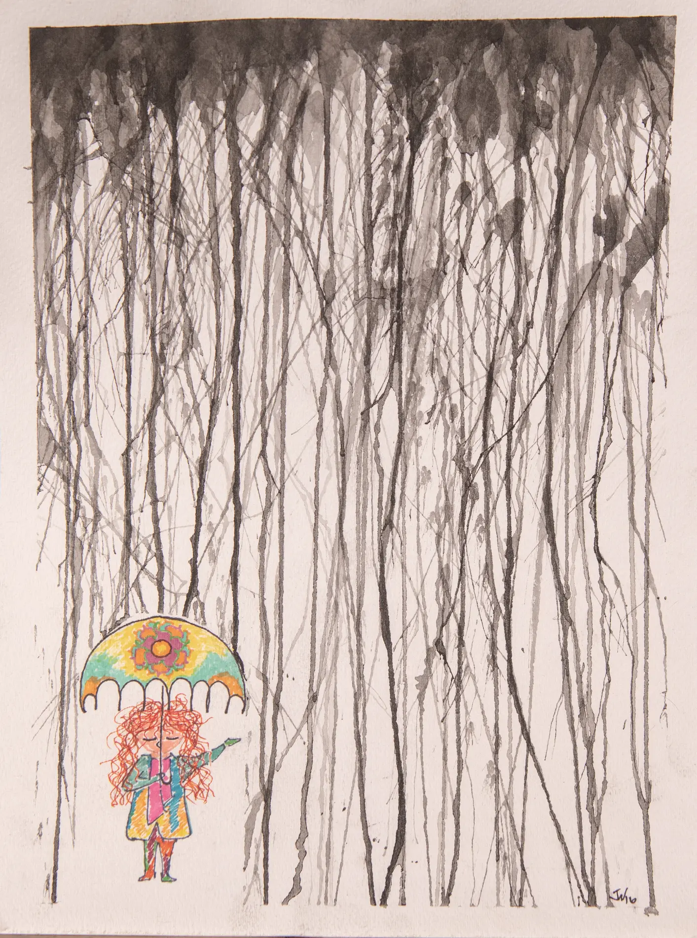 A small colorful figure beneath an umbrella before a dense black and gray forest