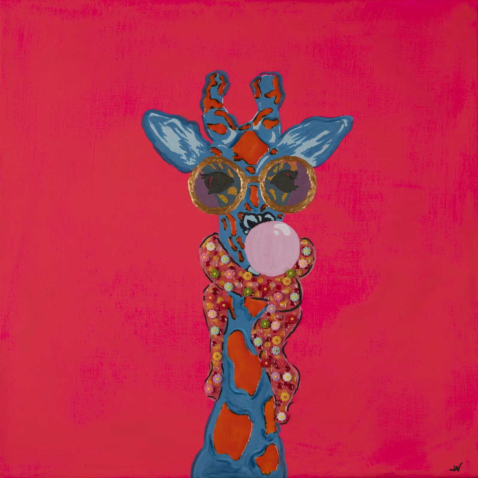 A brightly patterned giraffe blowing bubble gum against a vivid pink field