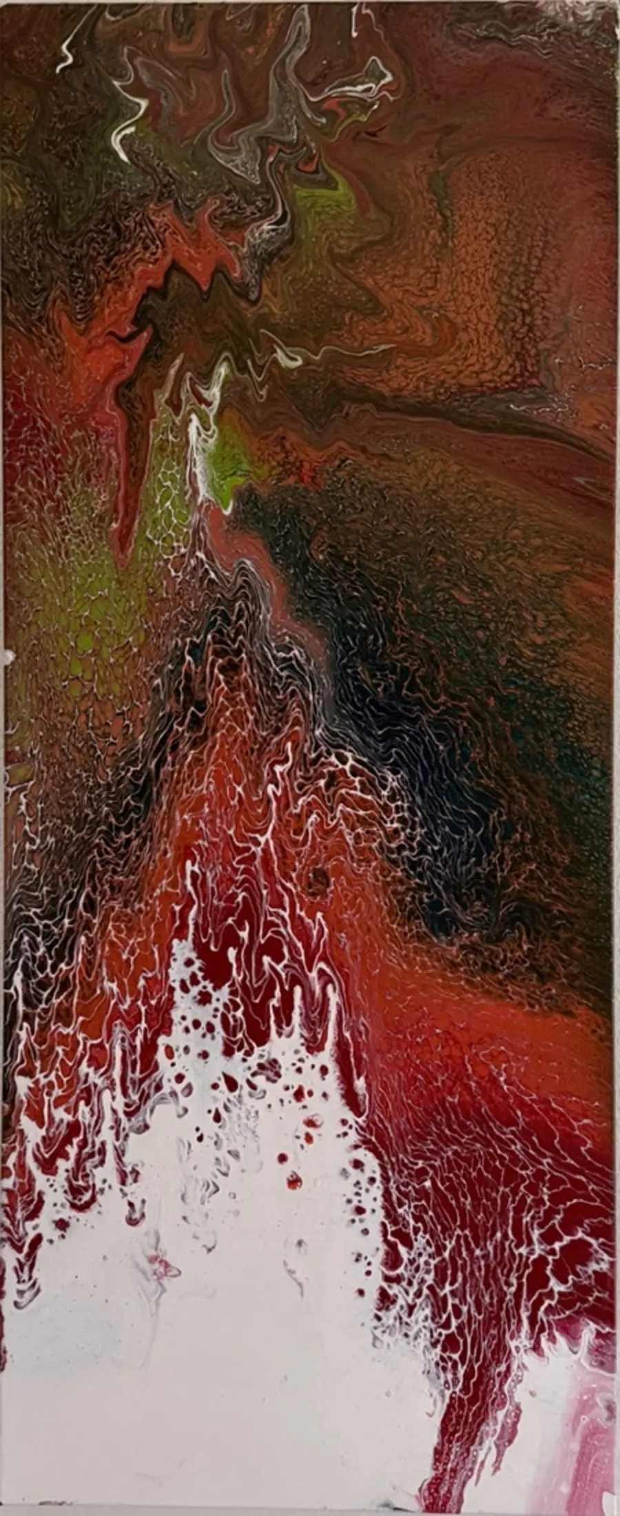 A fluid abstract painting in deep red, brown, black, white, and green