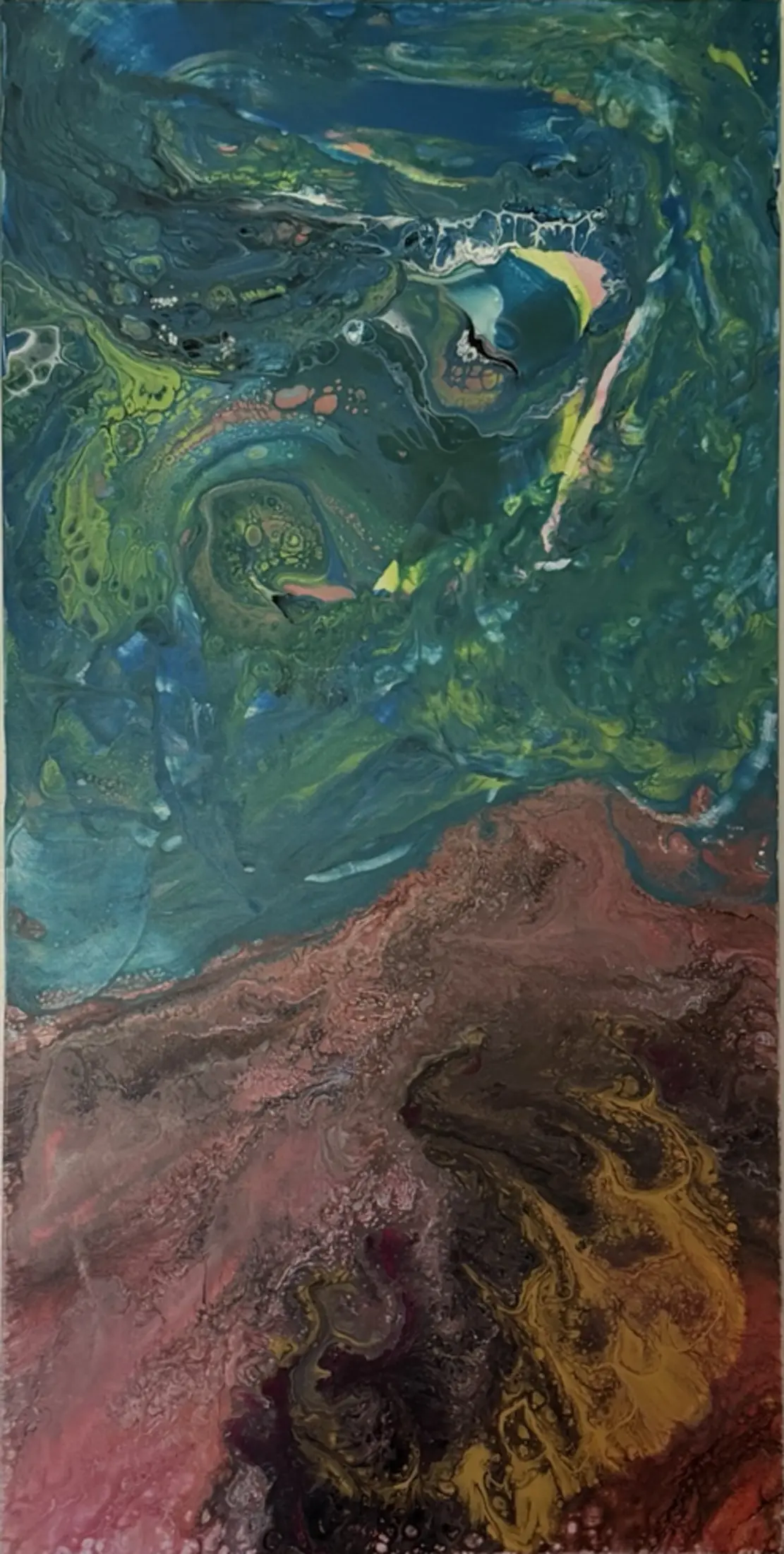 A fluid abstract painting moving from teal and green into pink, black, and gold