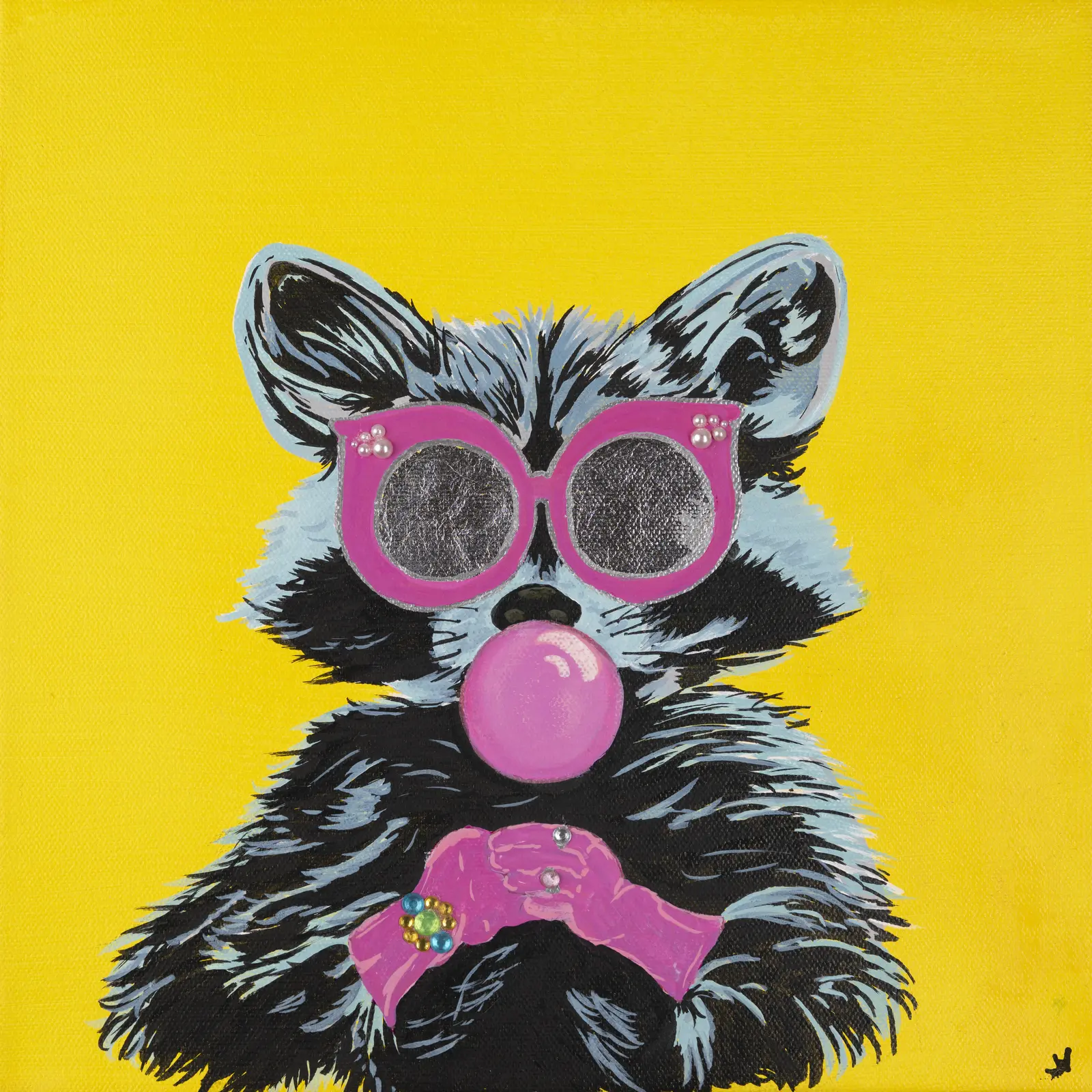 A raccoon in pink sunglasses blowing bubble gum against a yellow field