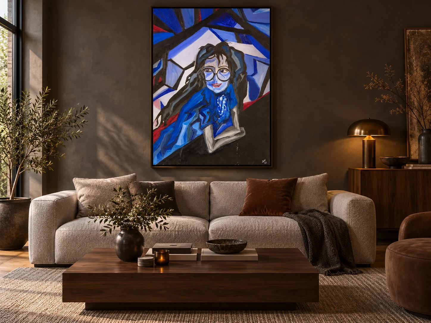 Jen’s blue portrait in a modern walnut living room