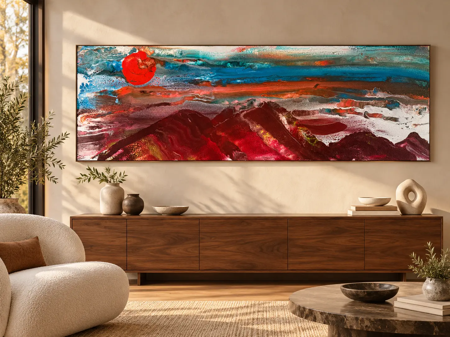 Jen’s panoramic abstract sunset painting in a warm modern living room