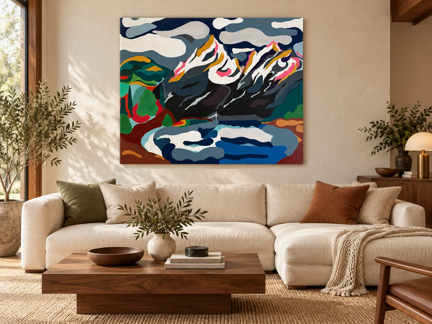Jen’s abstract painting of Teewinot and String Lake in a warm modern living room