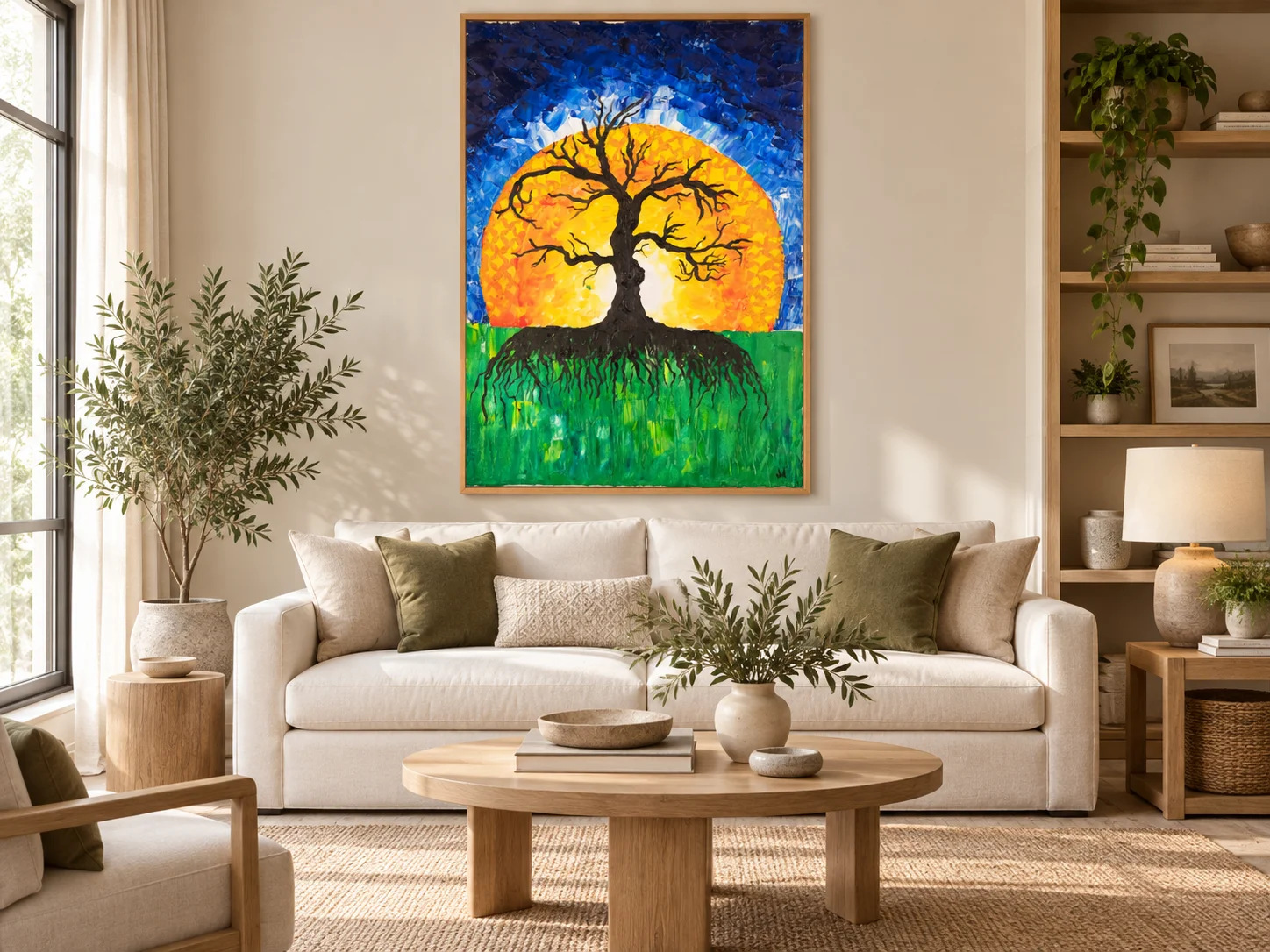 Jen’s tree painting in an airy modern living room