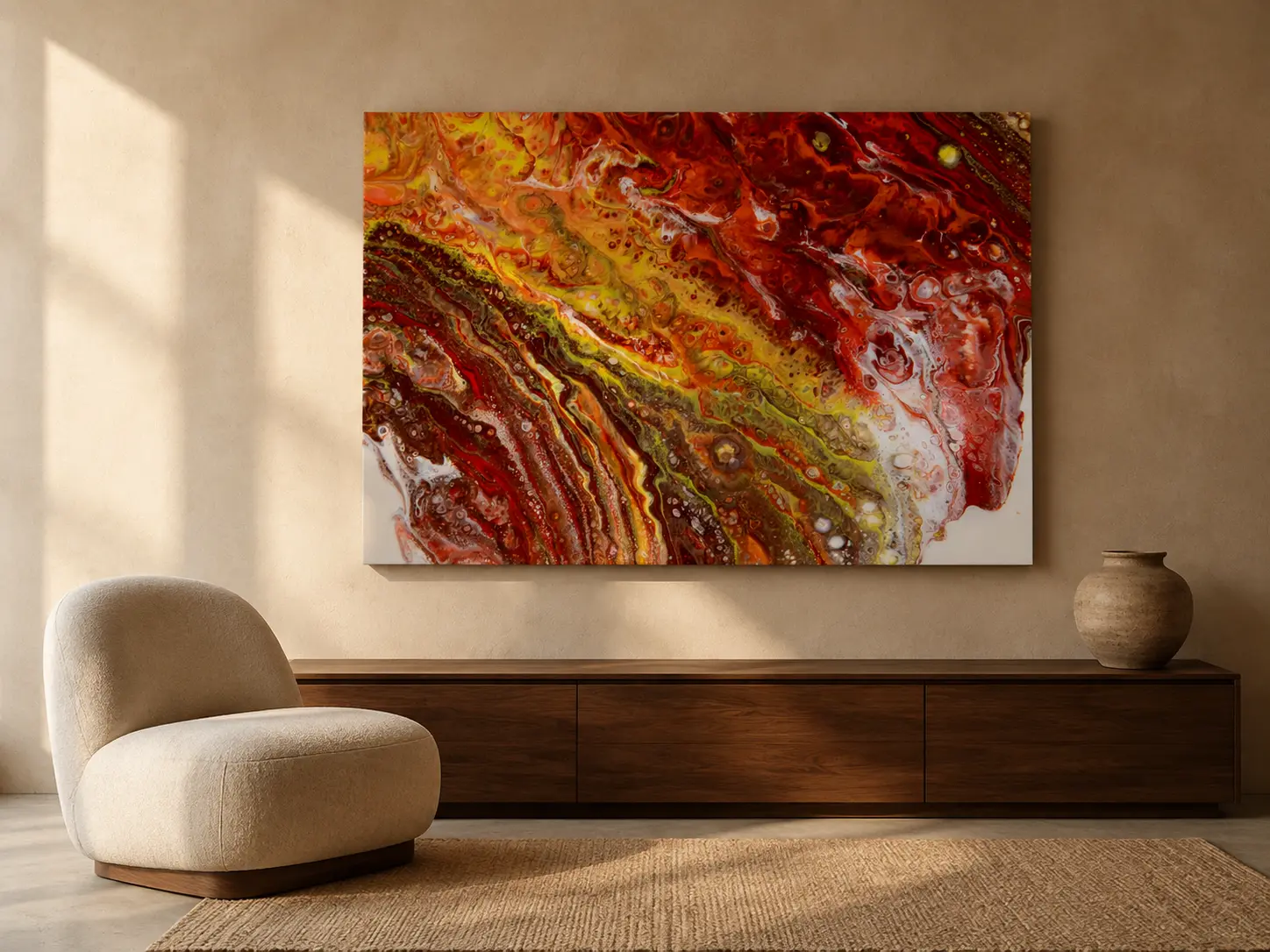 Jen’s red and gold abstract painting in a modern living room