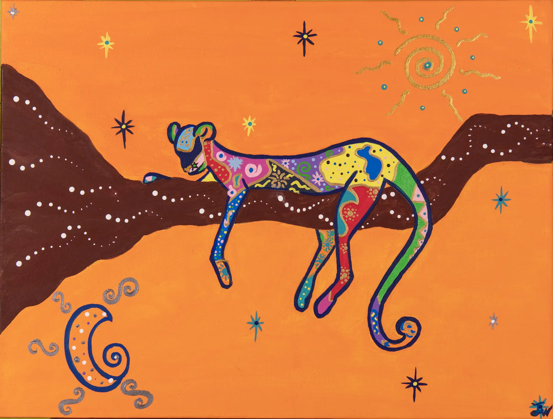 A patterned cat sleeping across a tree branch beneath stars and an orange sky