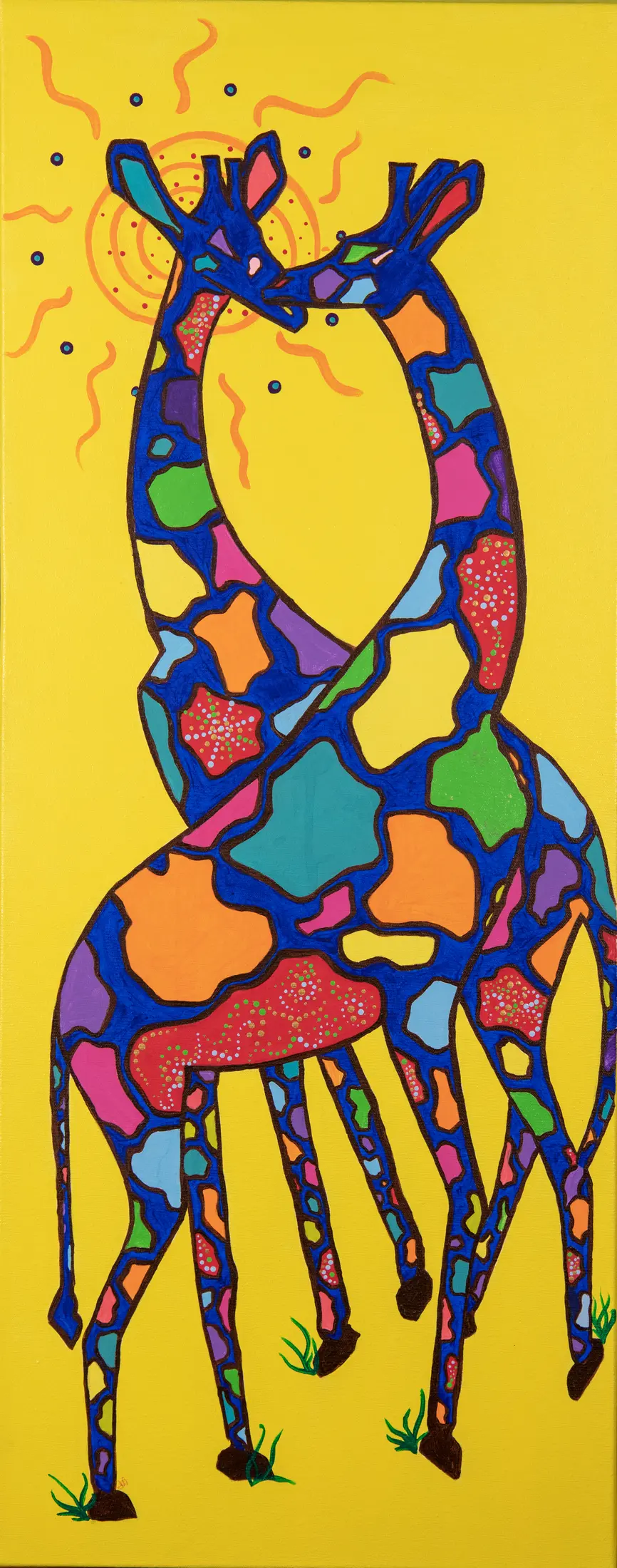 A giraffe assembled from vivid stained-glass-like shapes on yellow