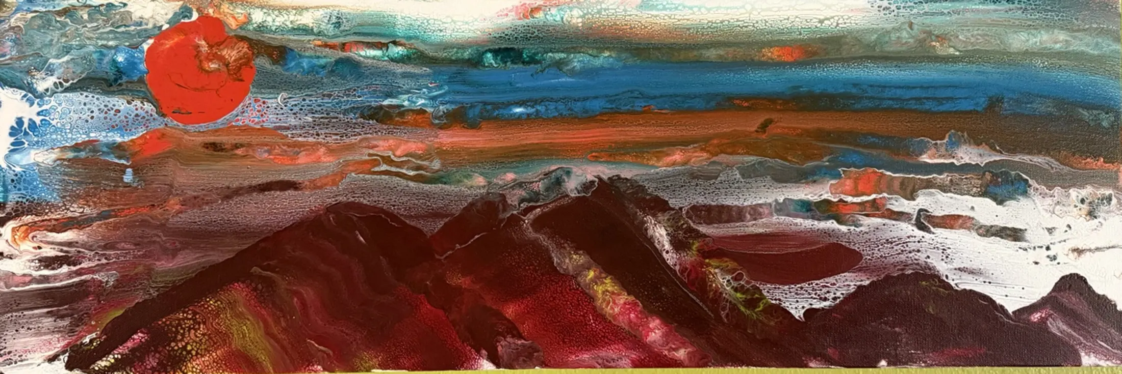 A panoramic abstract sunset painting in red, blue, white, and deep burgundy