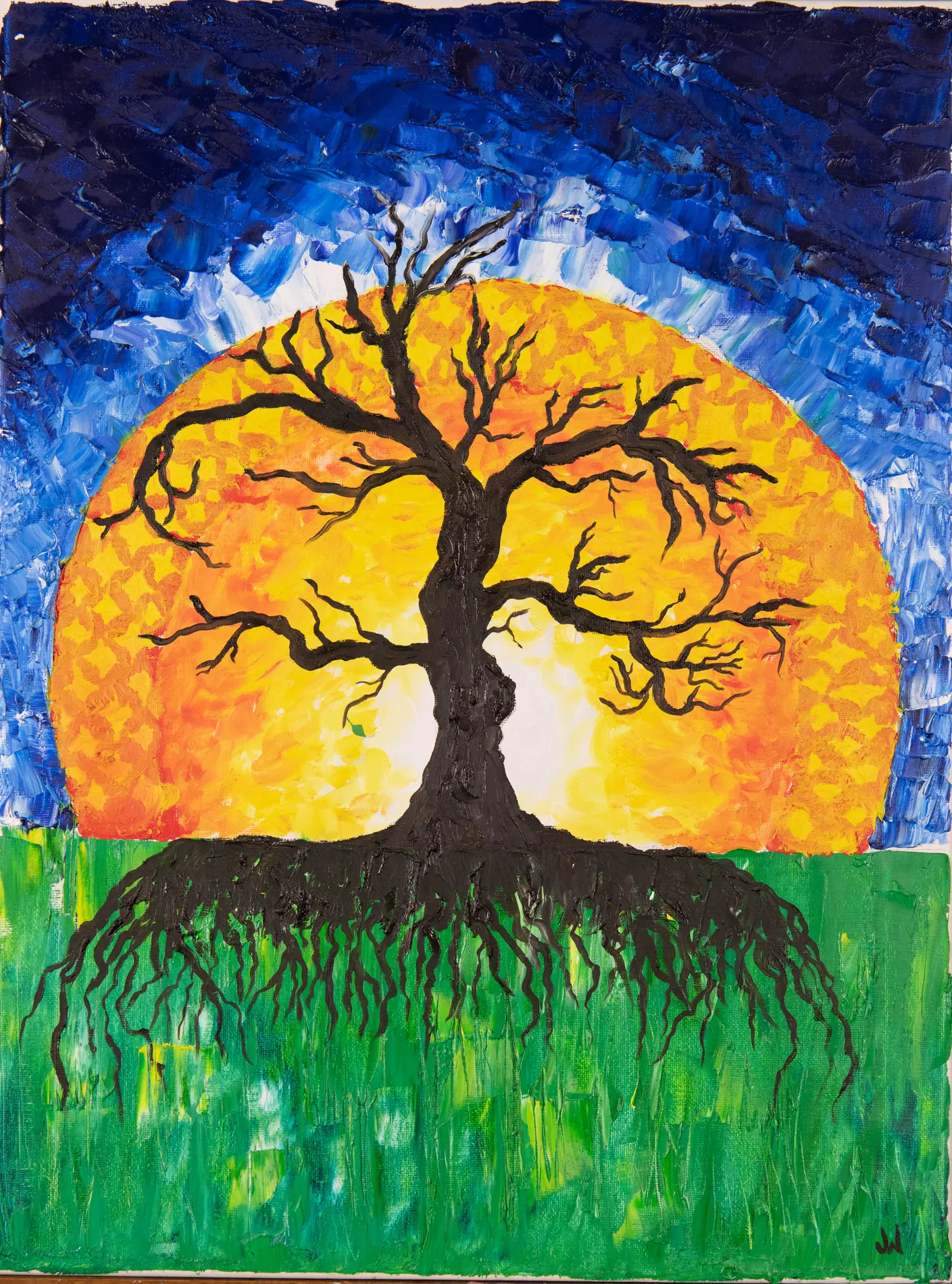A tree rooted in green earth before a large orange sun and deep blue sky
