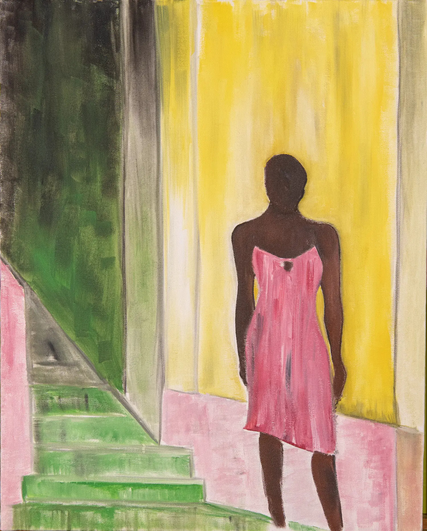 A woman in a pink dress standing near green stairs