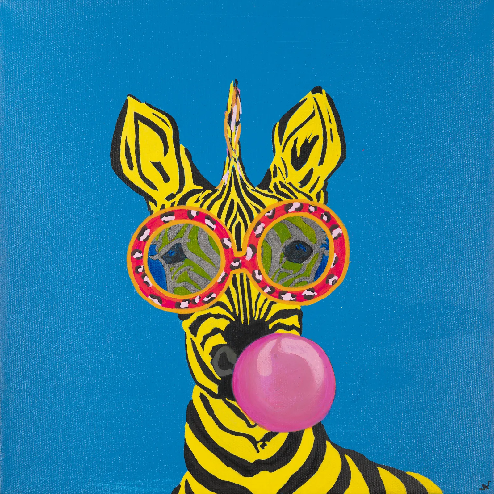 A zebra in round patterned glasses blowing bubble gum against a blue field